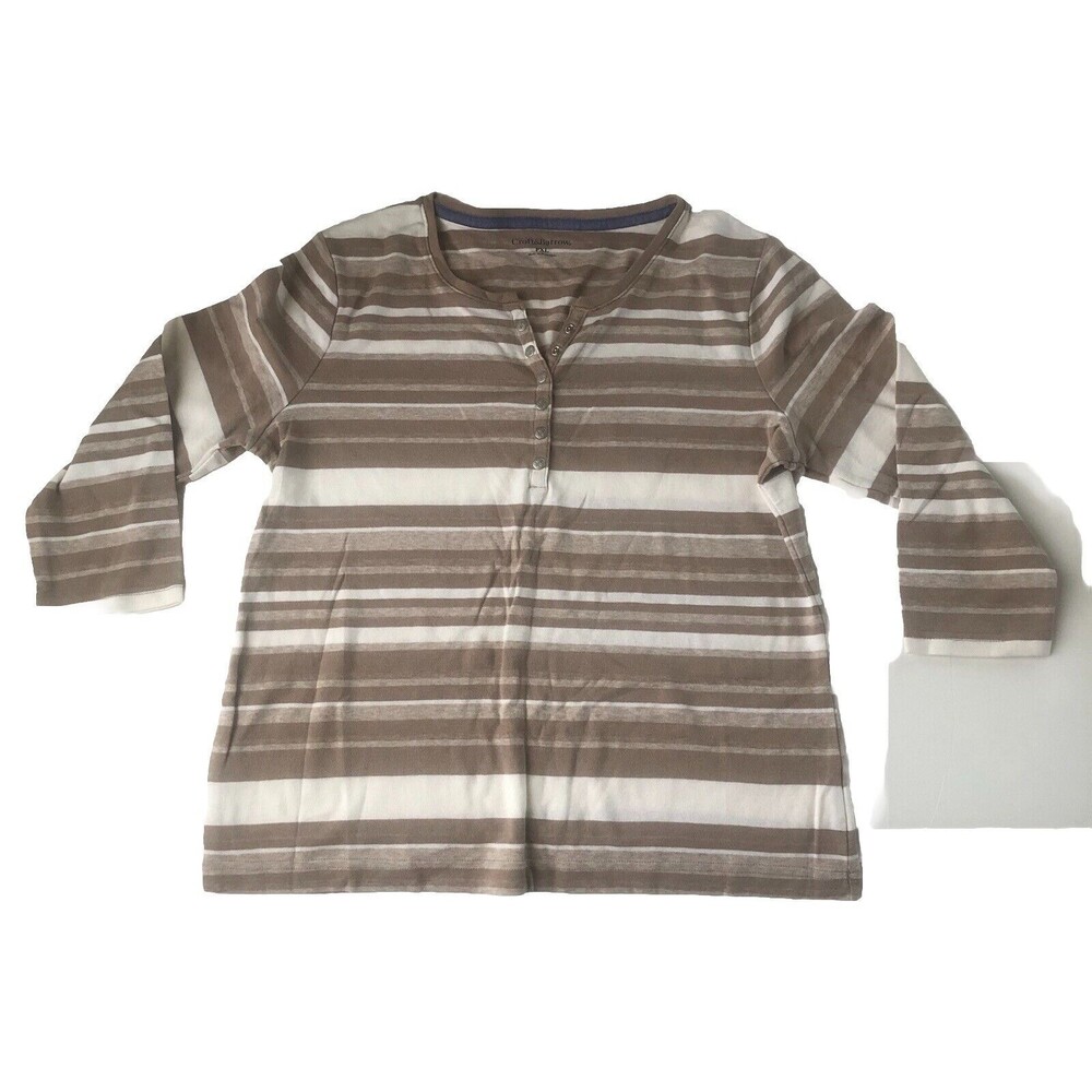 Croft & Barrow Women's Brown White Striped Shirt Top 3/4 Sleeve V Neck Size PXL